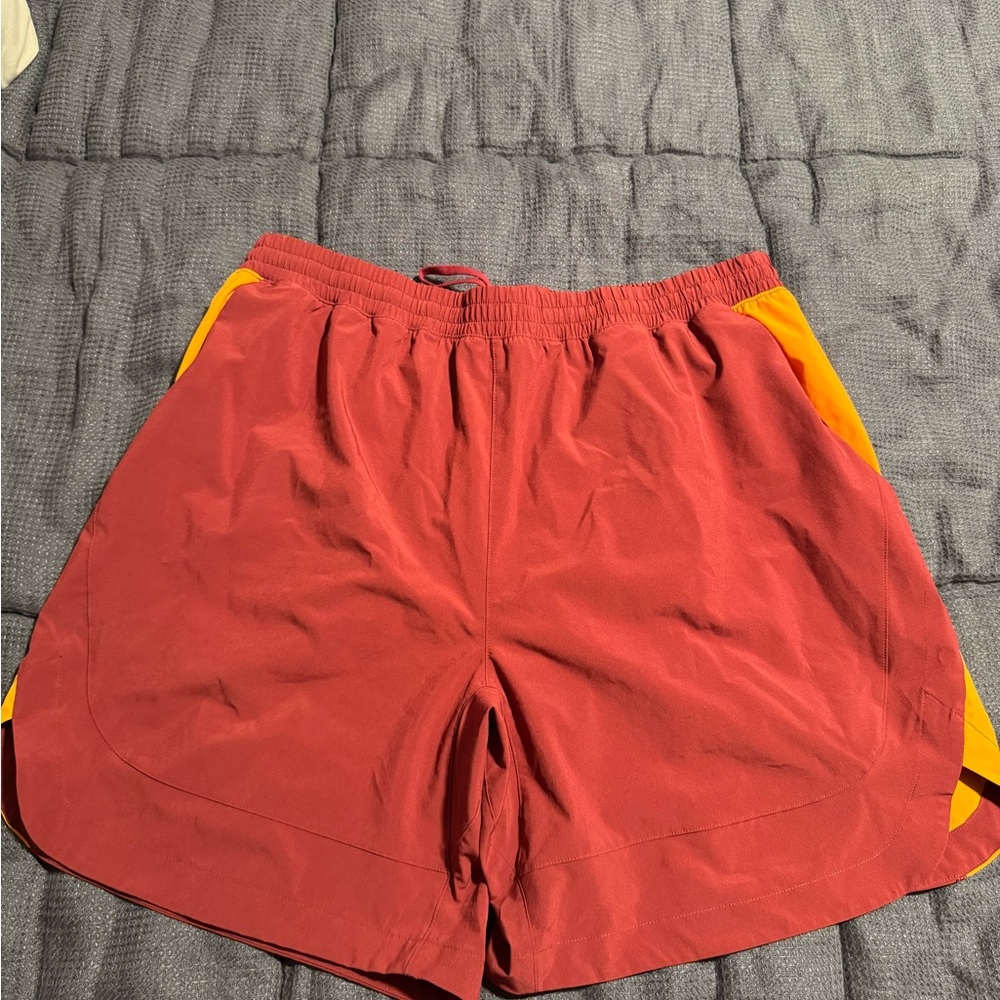 Peloton Burgundy and Orange Athletic Shorts